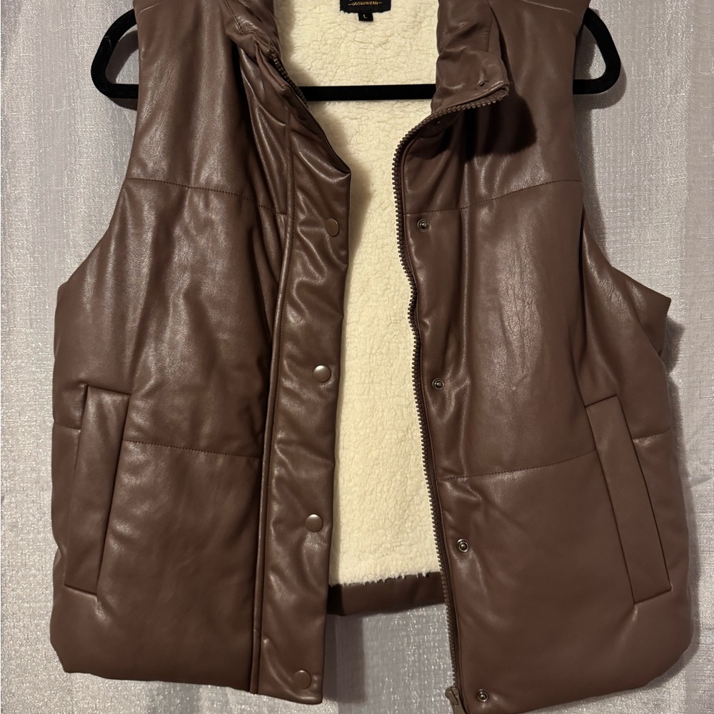 Brown Faux Leather Puffer Vest